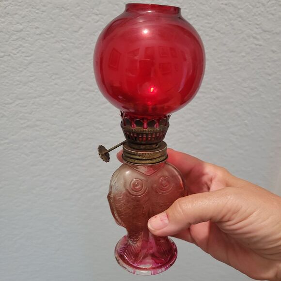 Vtg Mini Oil Lamp Cranberry glass globe with fish bottom RARE Flaw Old World - Picture 8 of 12
